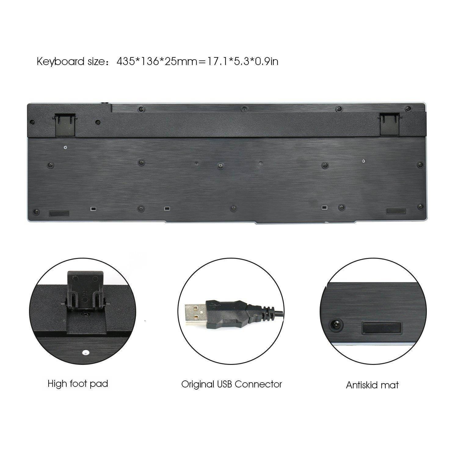 Rii RK100+ Multiple Colors Rainbow LED Backlit Large Size Mechanical Feeling USB Wired Multimedia Keyboard,White