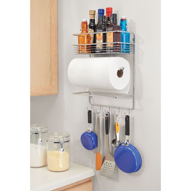 mDesign Metal Wall Mount Paper Towel Holder with Storage Shelf & Hooks - Chrome