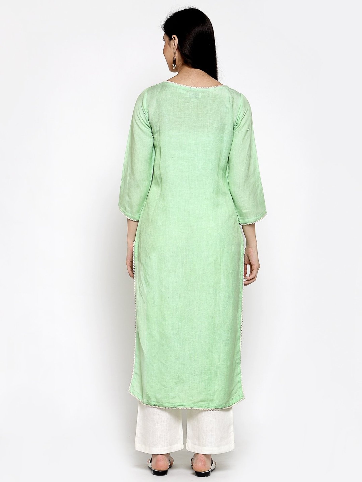 DART STUDIO Green Linen Embroidered Straight Kurta
