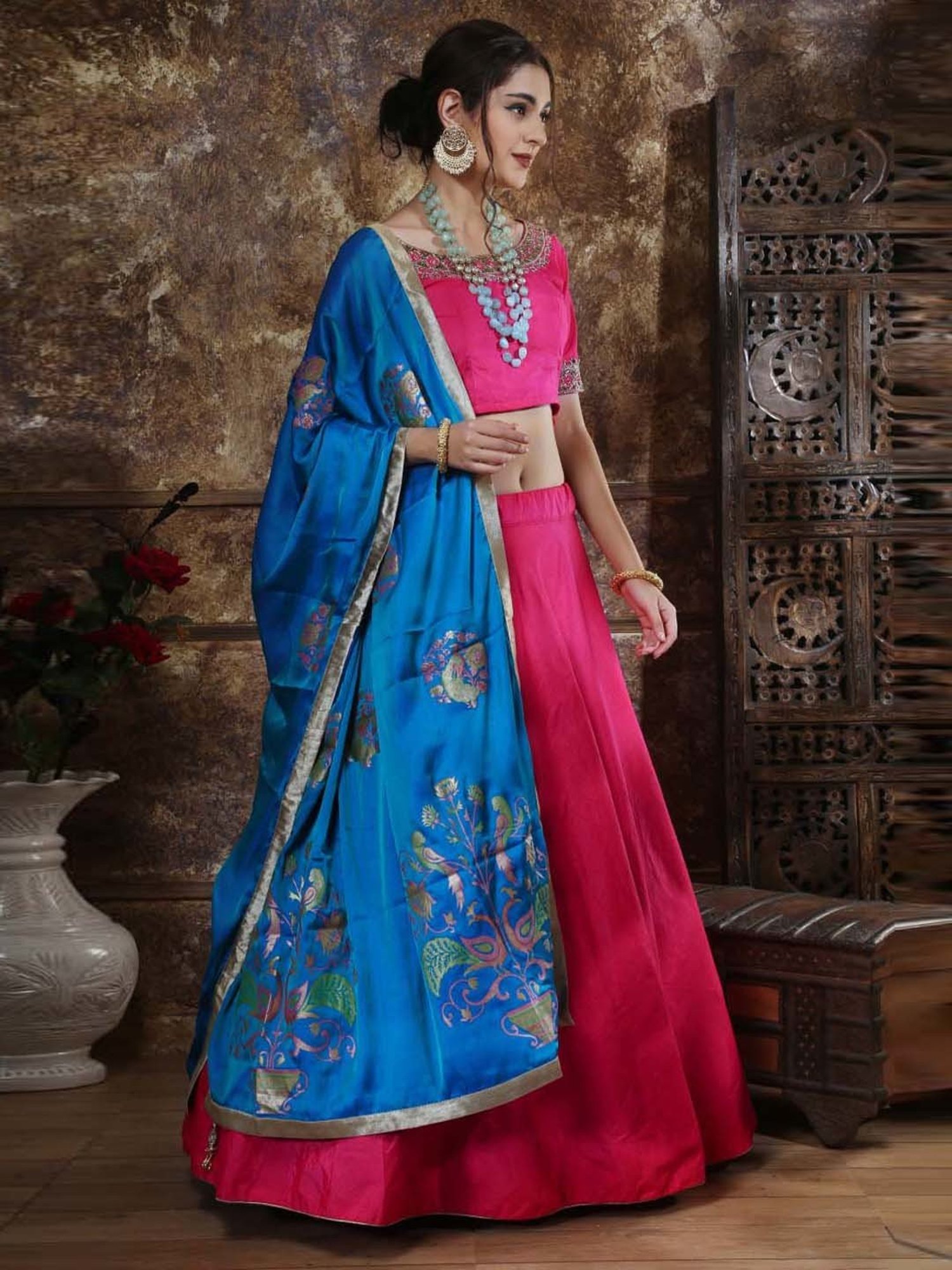SHUBHKALA Pink & Blue Lehenga Choli Set With Dupatta