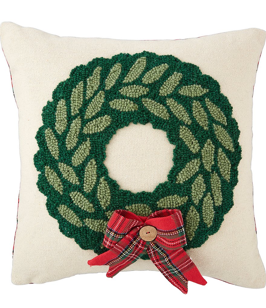 Mud Pie Classic Christmas Collection Wreath Hooked Wool Pillow