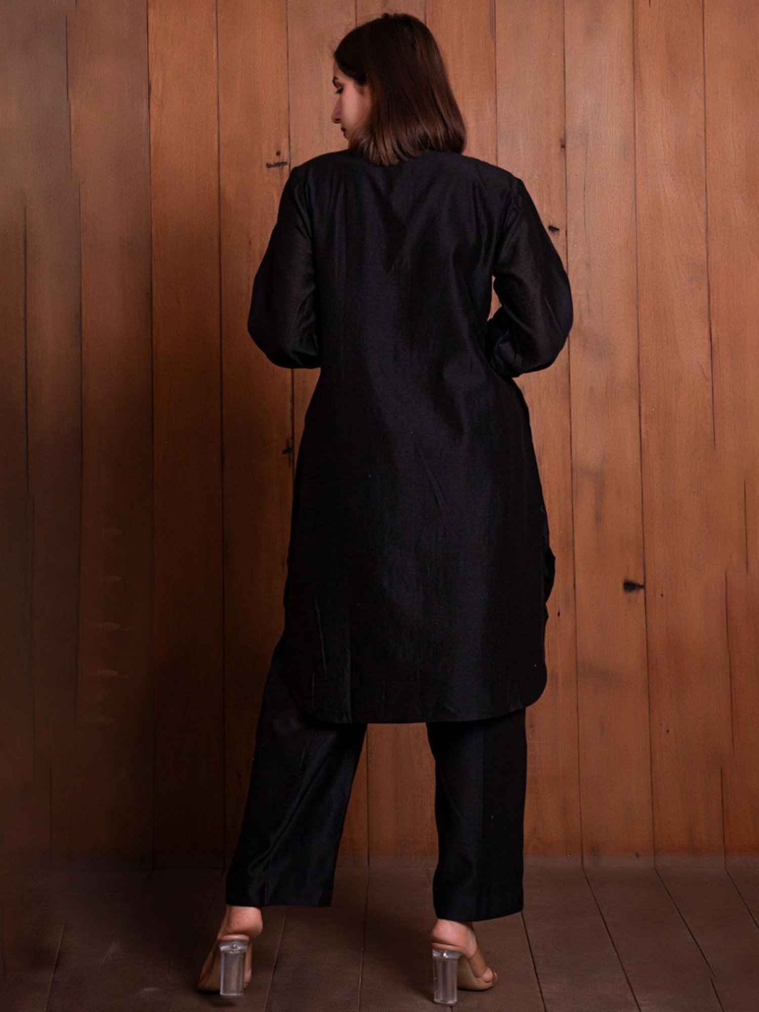 Eeshva India Black Solid Chanderi Kurta with Pant