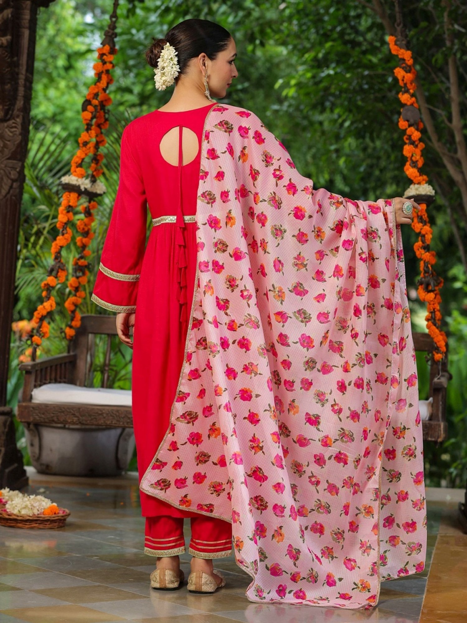 Rain and Rainbow Fuchsia Pink Embroidered Kurta Pant Set With Dupatta