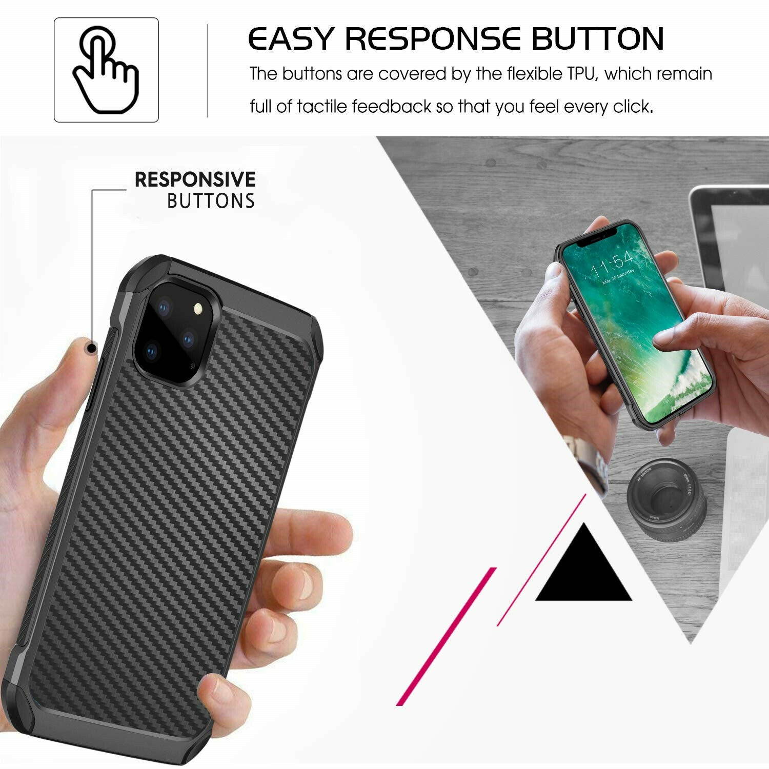 For iPhone 12 11/Pro/Max/XS/XR/X/8/7/Plus Carbon Fiber Hard Case+Tempered Glass