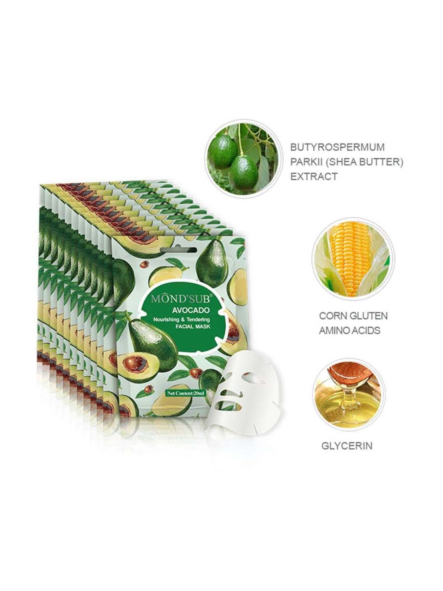 MONDSUB Avocado Nourishing Sheet Masks (Pack of 6) - 20 ml Each