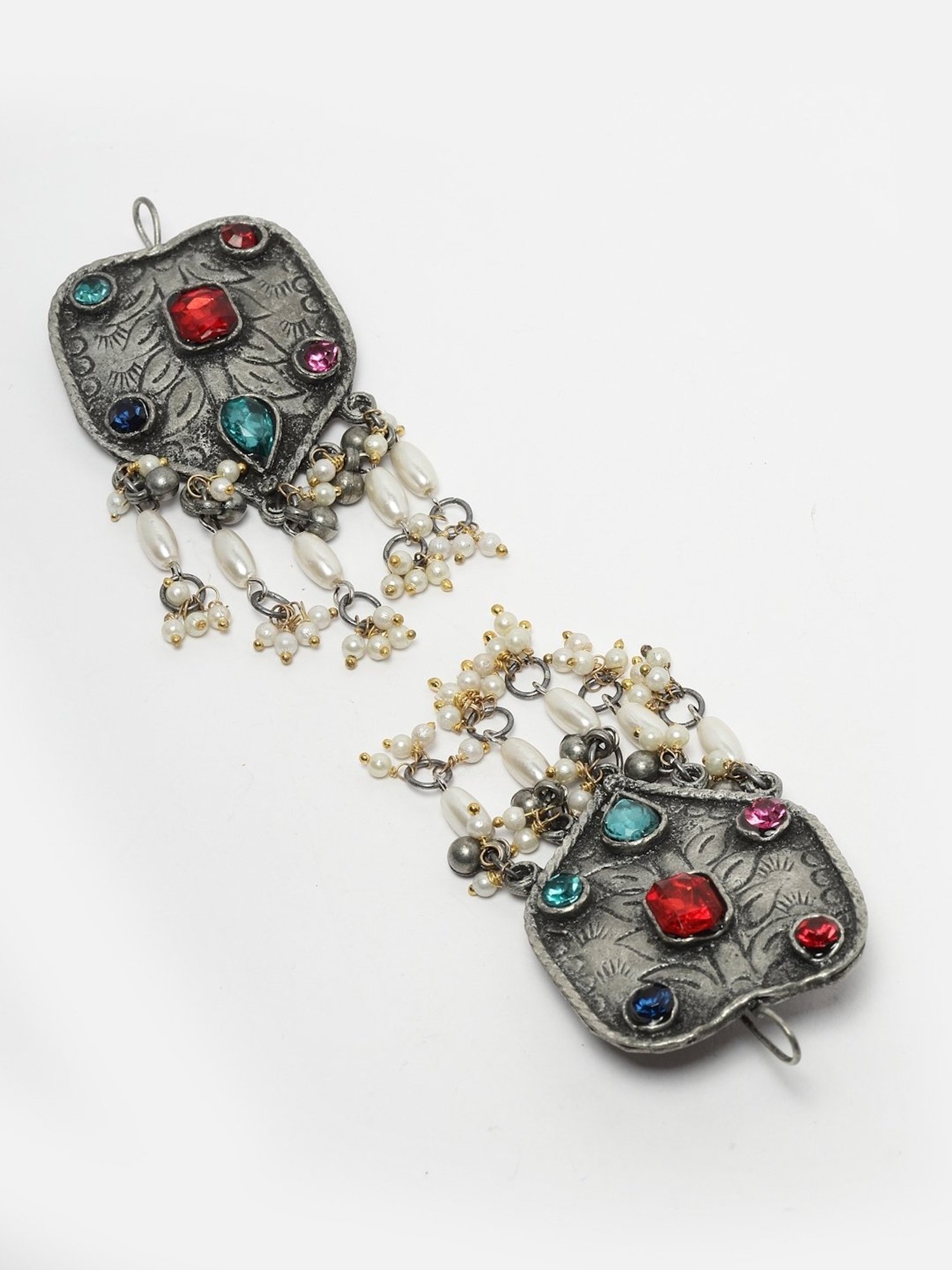 Moedbuille Crystal & Pearl Studded Afghan Design Silver-Plated Handcrafted Tassel Dangler Earrings