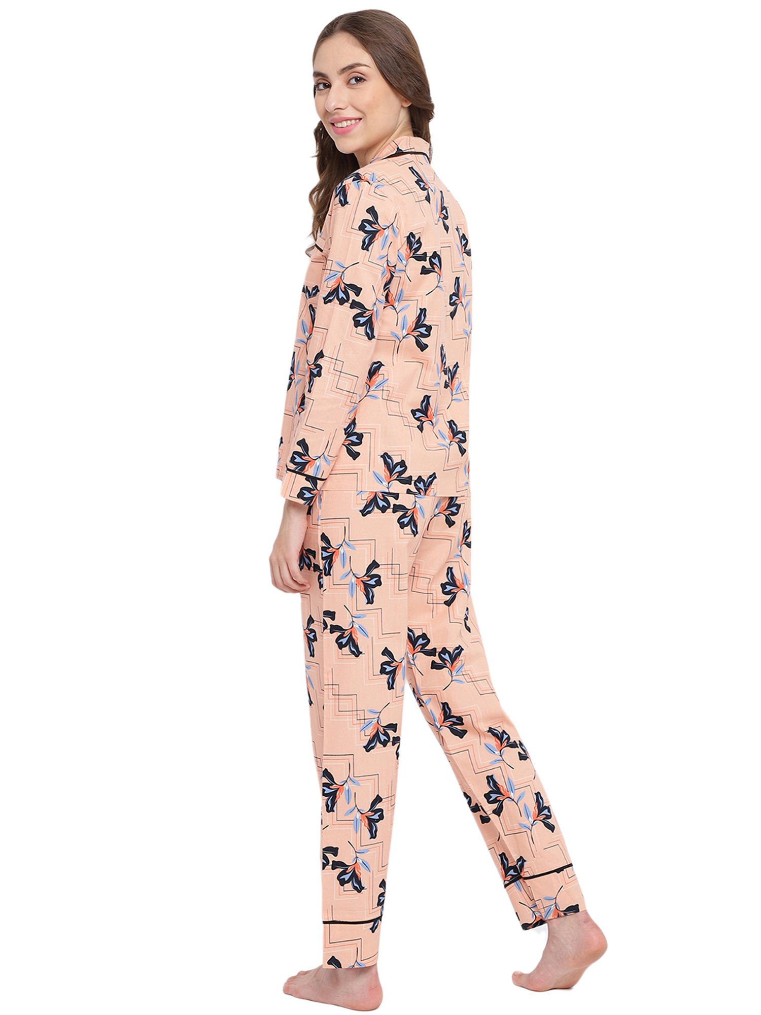 La Intimo Peach Printed Shirt With Pyjamas