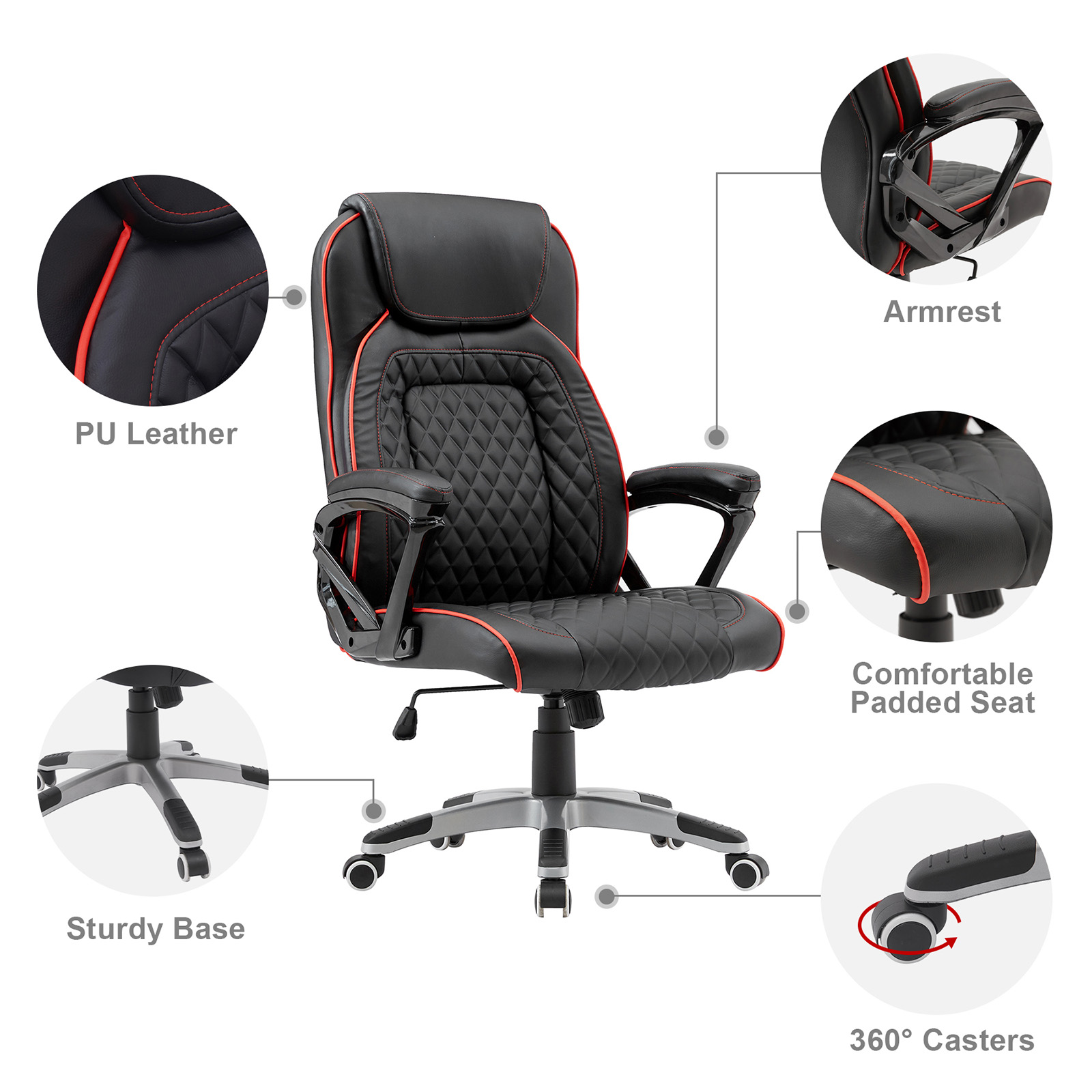 YOUTHUP Office Chair Adjustable Ergonomic Leather Office Chair Swivel Rolling Computer Desk Chair with Lumbar Support,Black