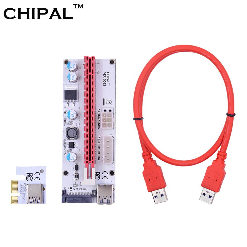 CHIPAL 5pcs VER008S 60cm PCI-E Riser Card PCIe 1x to 16x with 4pin 6pin Sata Power Supply + USB 3.0 Data Cable For Bitcoin Miner