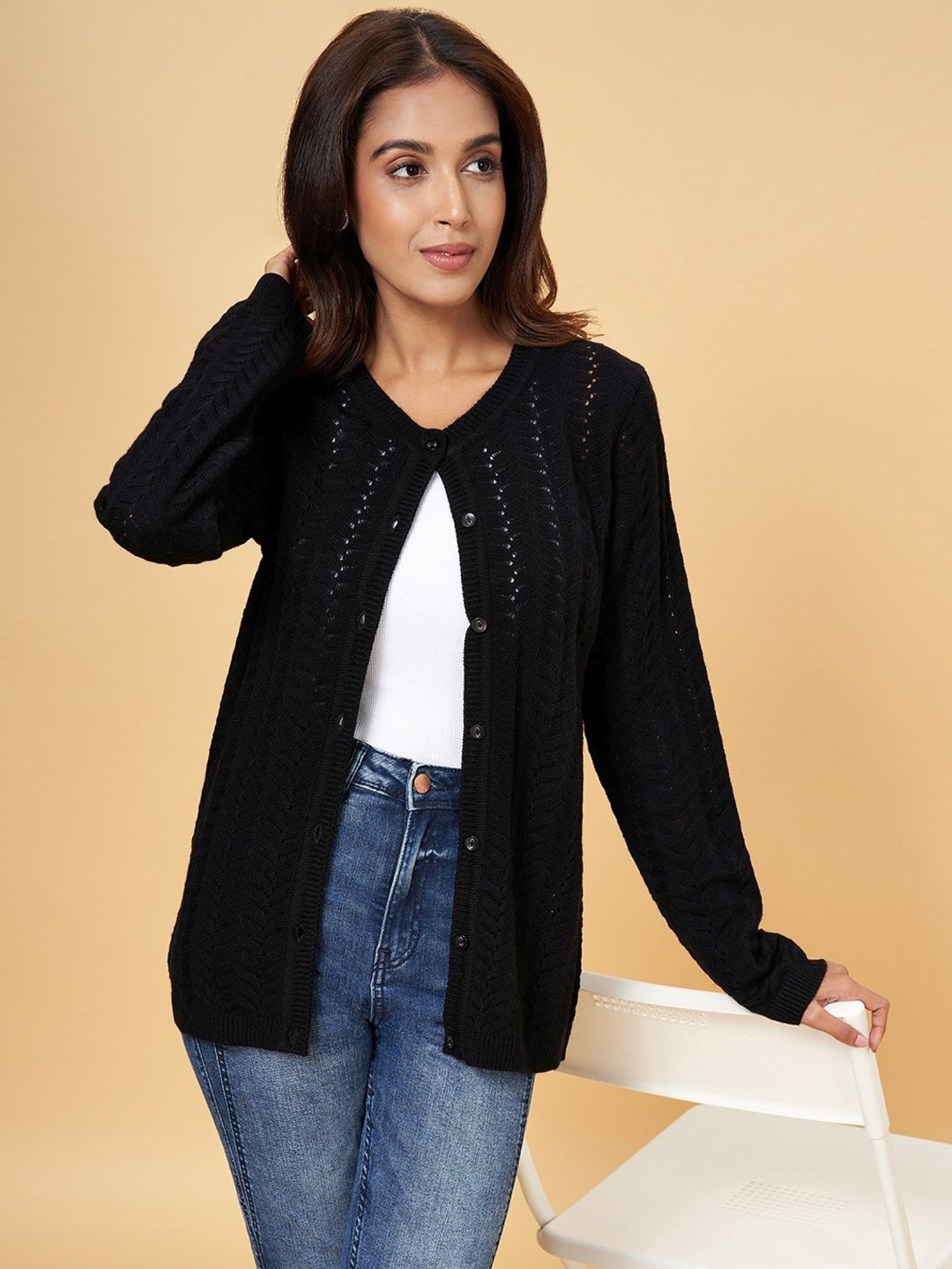 Rangmanch by Pantaloons Black Self Pattern Cardigan