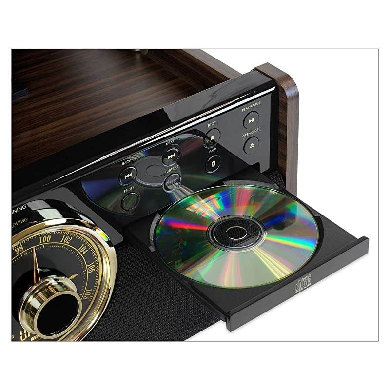 6in1 Wood Bluetooth Mid Century Record Player with 3Speed Turntable CD Cassette Player and Radio