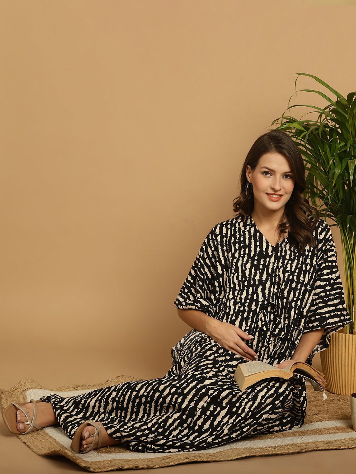 Secret Wish Black & Cream Printed Maternity Kaftan Nighty