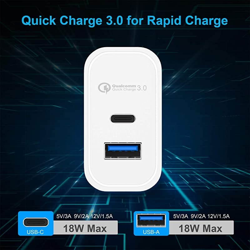Updated Power Delivery USB Wall Charger, QC 3.0 Technology, Fast 3A/18W Dual Ports Wall Charger, Portable Phone Charger Plug, Compatible with iPhone, iPad, Samsung, Google Pixel and More