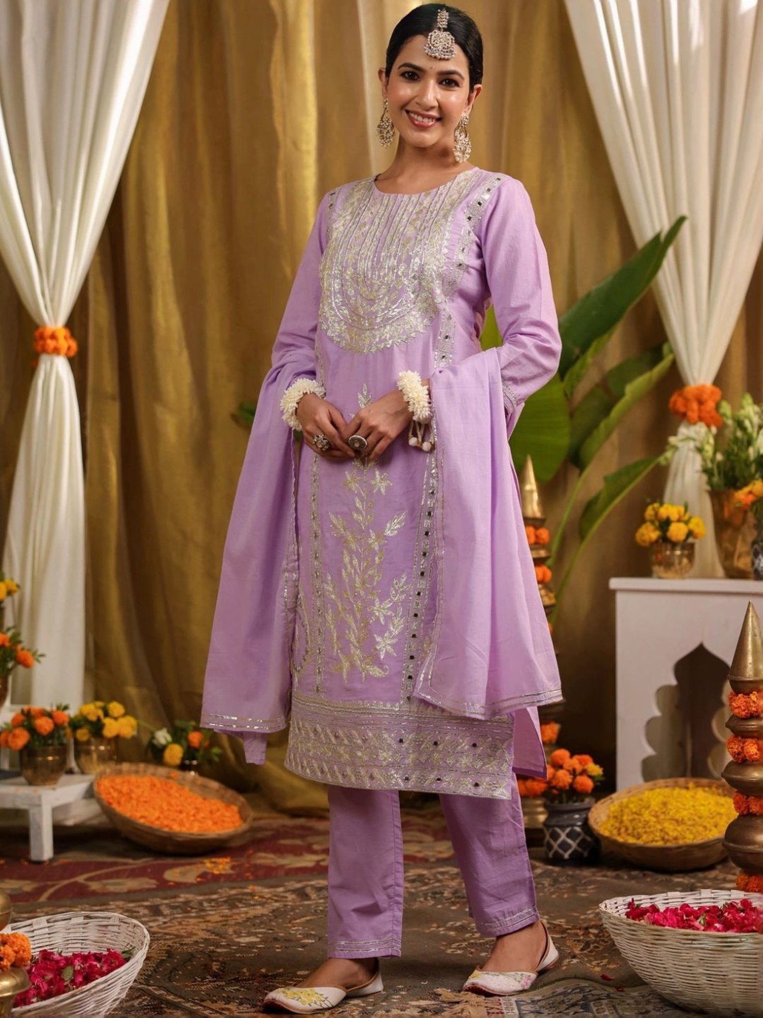 SCAKHI Lavender Cotton Gota & Mirror Work Kurta and Pant With Dupatta