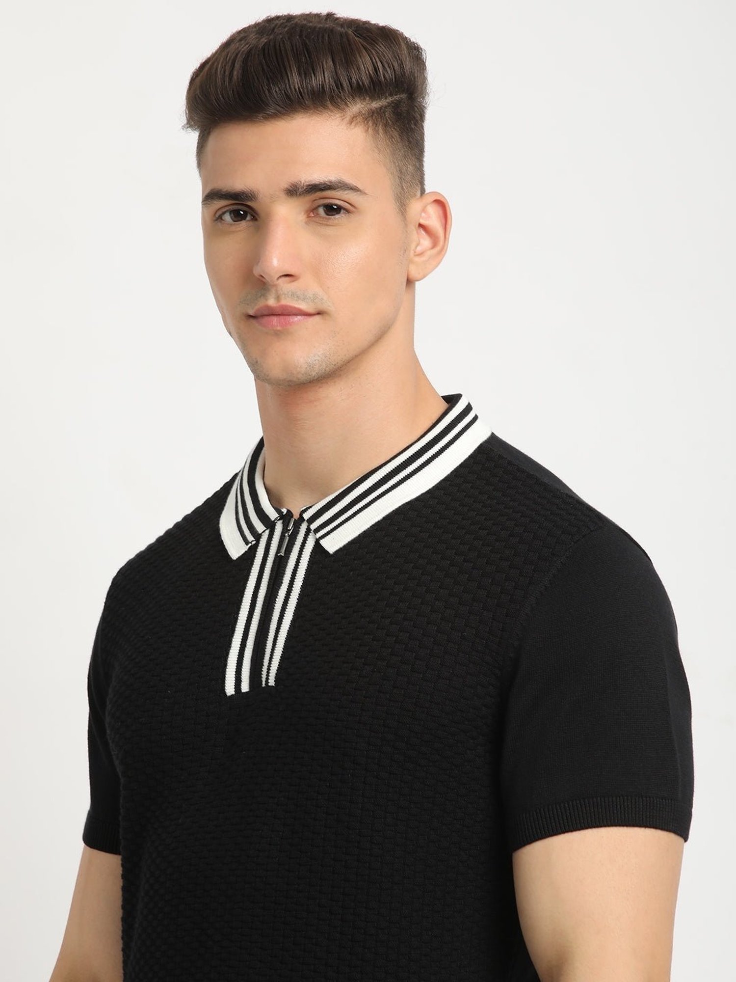The Bear House Black Cotton Regular Fit Self Pattern Polo T-Shirt