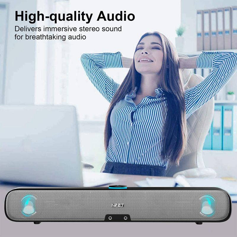 Computer Speaker, PC Wired Desktop Sound Bar with LED Lights, Stereo Sound USB Powered for Desktop, Laptop, Mac, iMac, Tablets and More (Black)