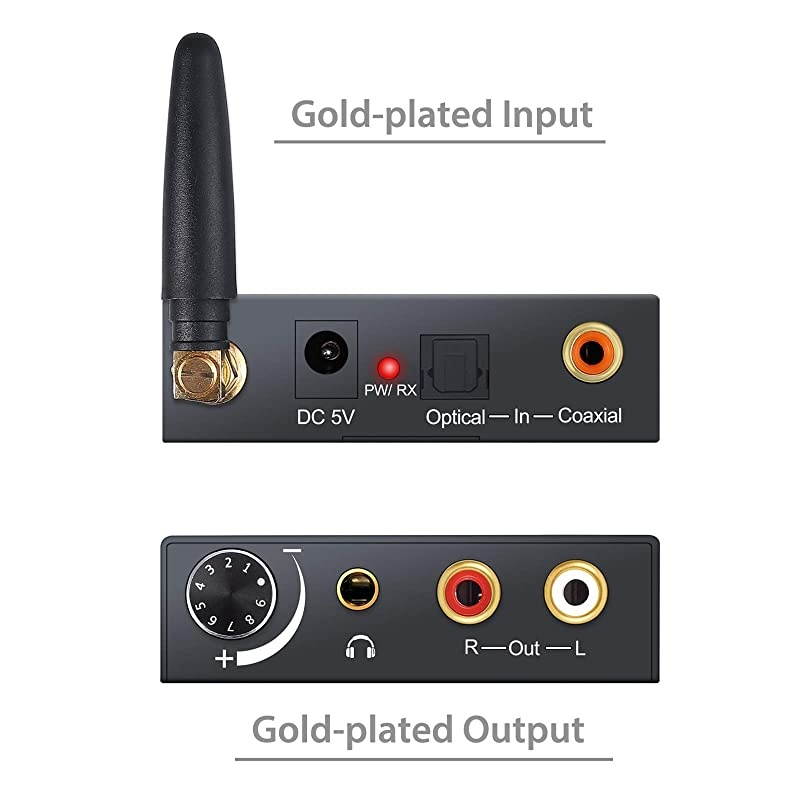 Digital to Analog Audio Converter with Bluetooth Receiver Volume Adjustment DAC Optical Coaxial Digital Audio to Stereo Analog RCA & 3.5mm for Home Theater
