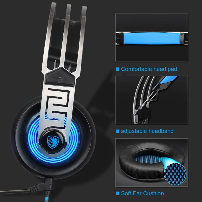 SADES A7 Gaming Headset Wired Headphone with with microphone+Wire Control + Light for PC, Laptop , (Black+Blue)