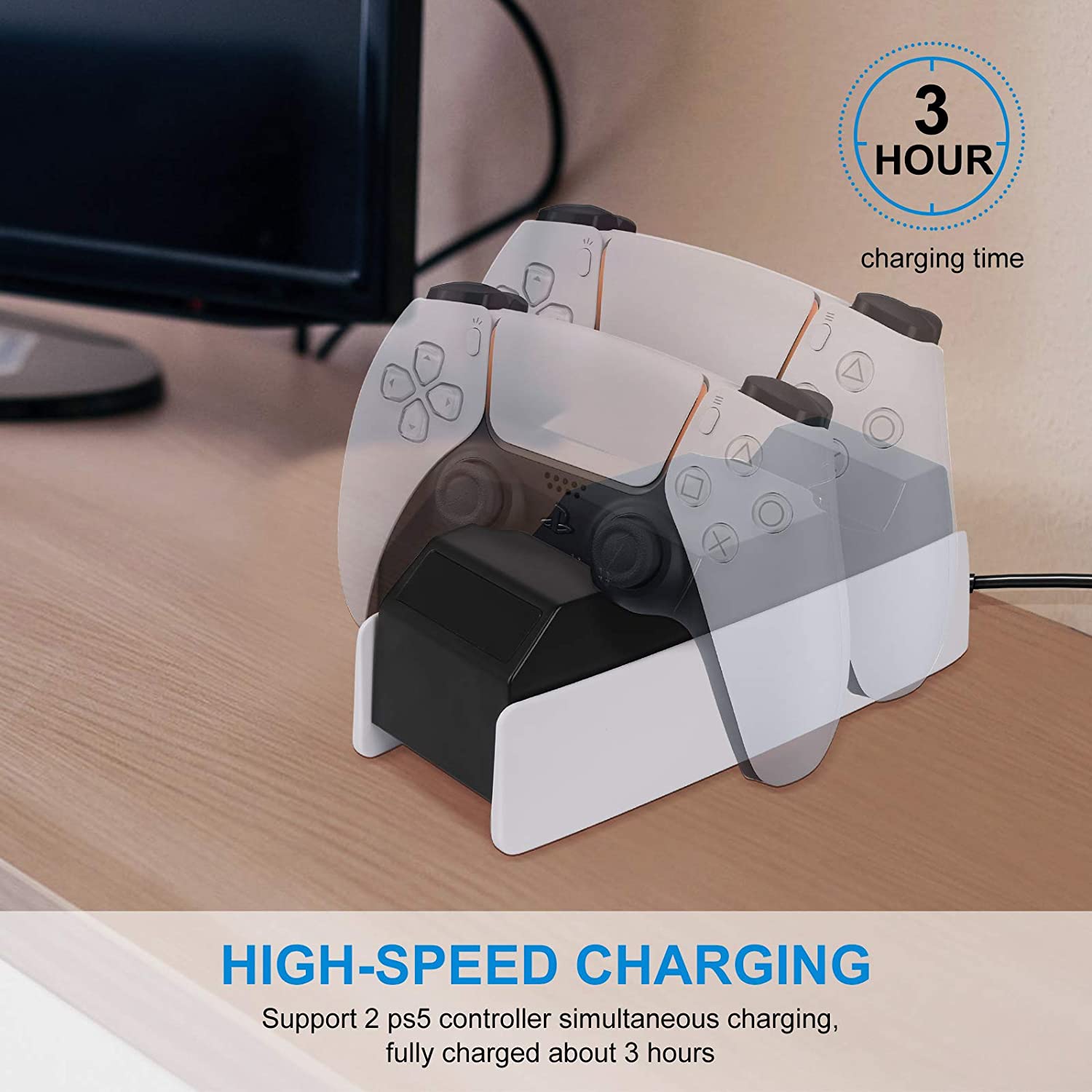 ROME CARE PS5 Controller Charger, Samyoung Dual USB Charging Station Compatible for Playstation 5 Dualsense Wireless Controllers, Slim Portable, IC Protection, Fast Charging