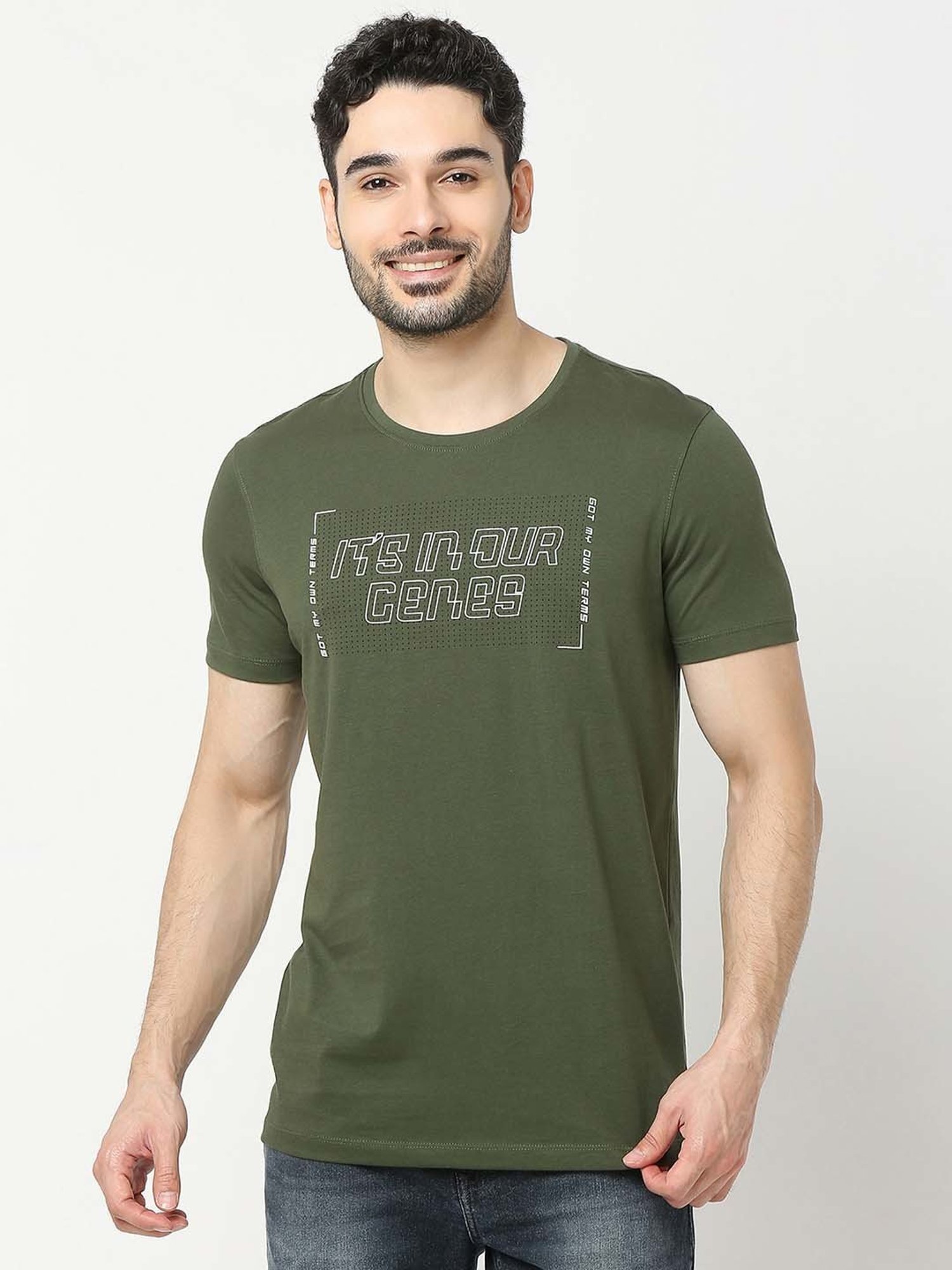 UnderJeans by Spykar Olive Regular Fit Self Design Cotton Crew T-Shirt