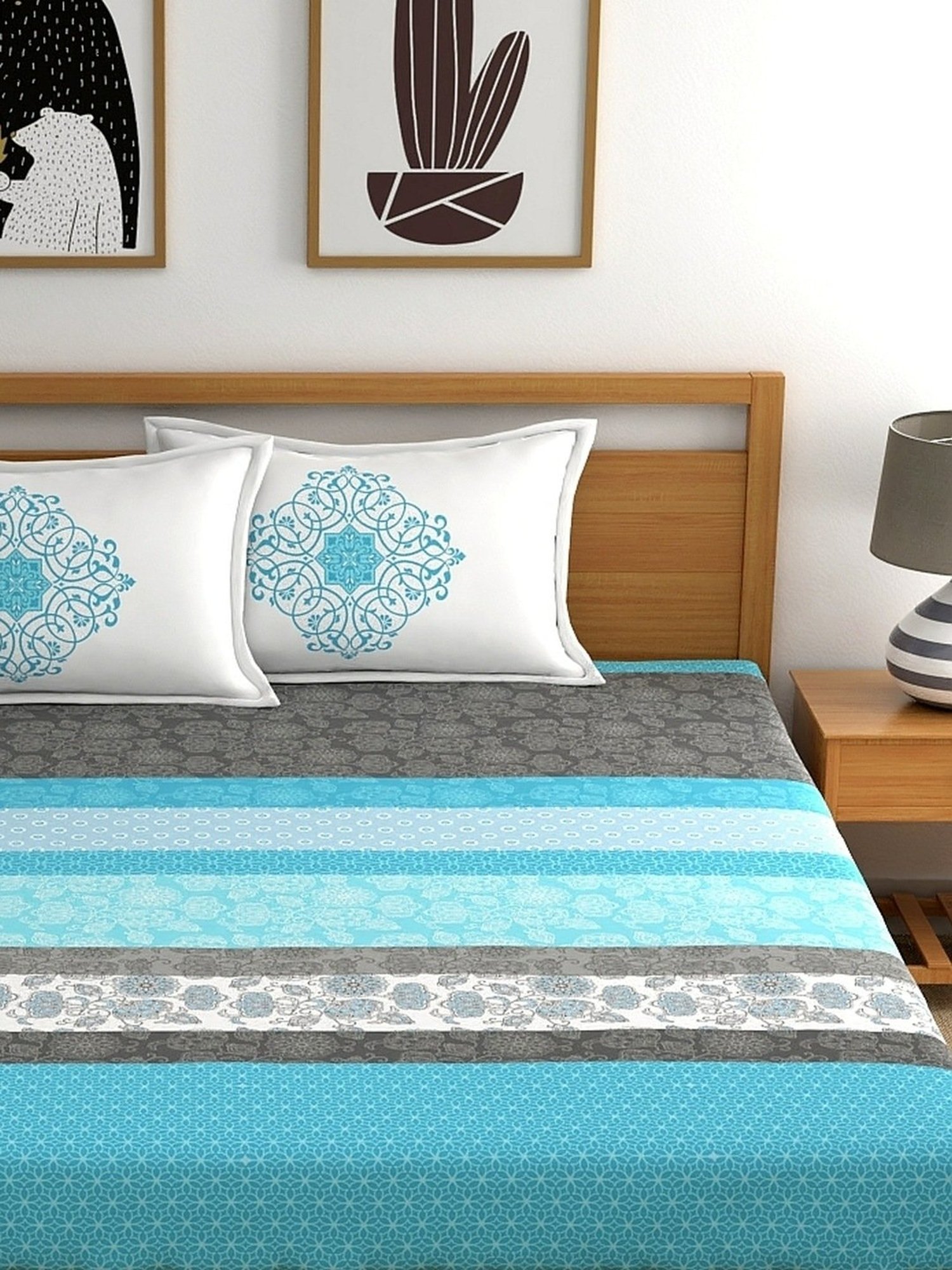 My Room Floral Light Blue 140 TC Cotton Fitted King Bed Sheet with 2 Pillow Covers