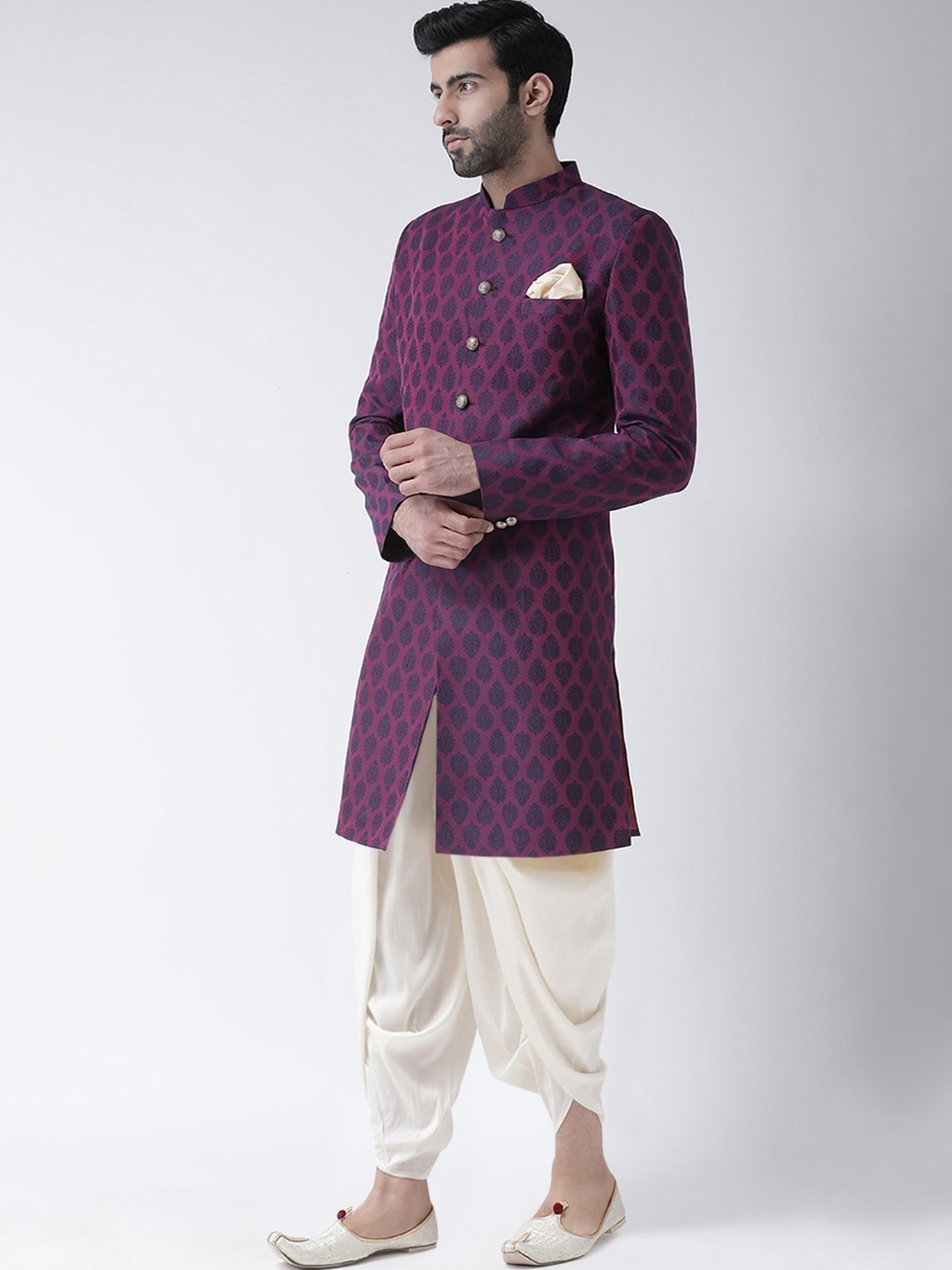 Hangup Plus Beige & Black Regular Fit Printed Sherwani Set
