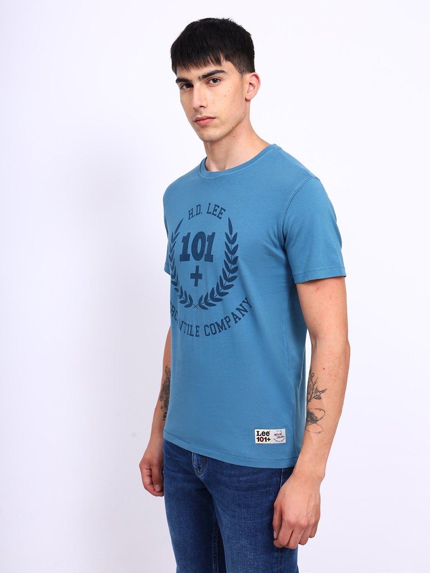 Lee Blue Cotton Regular Fit Printed T-Shirt