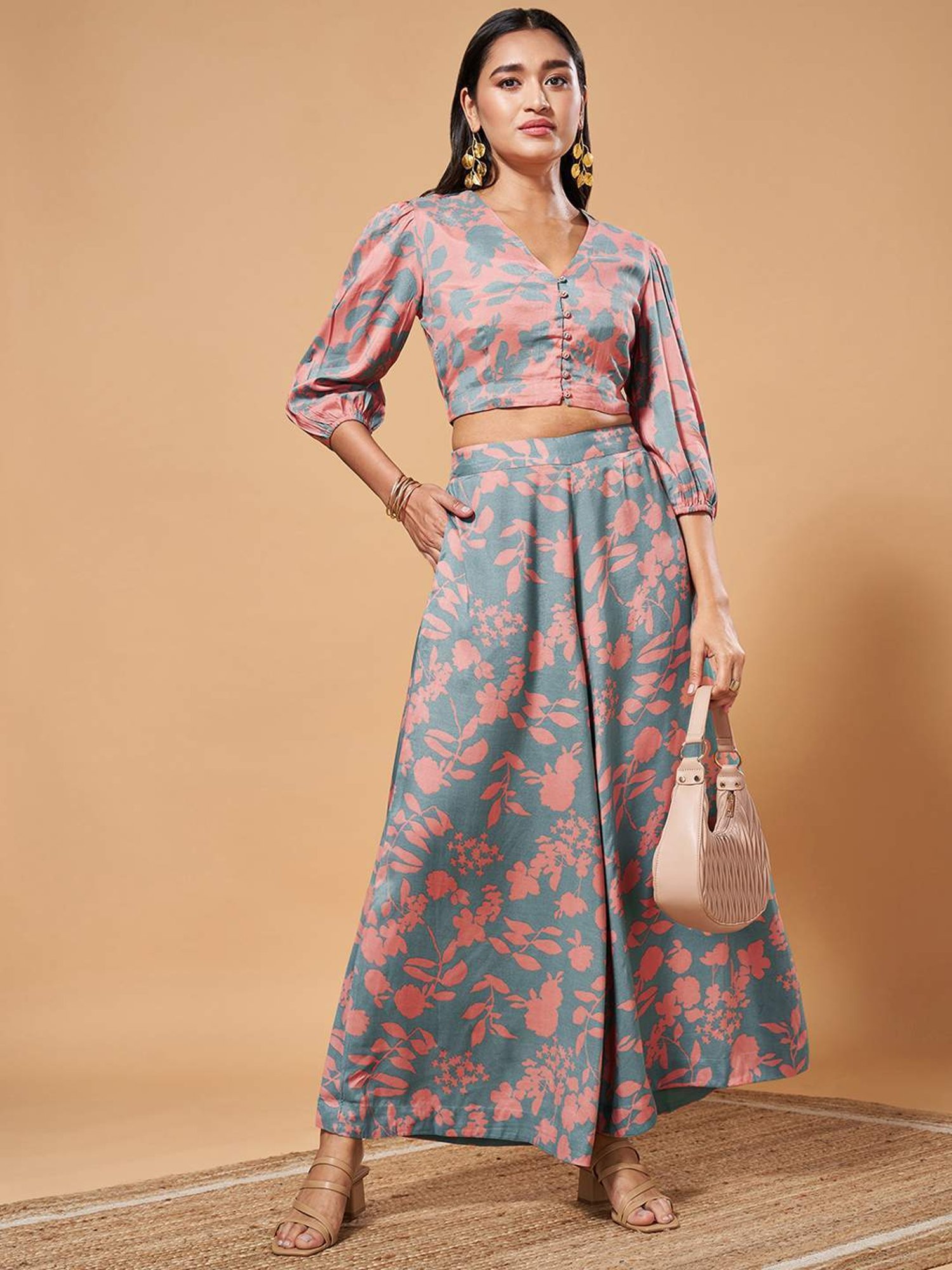 Marigold Lane Blue Printed Crop Top Palazzo Set