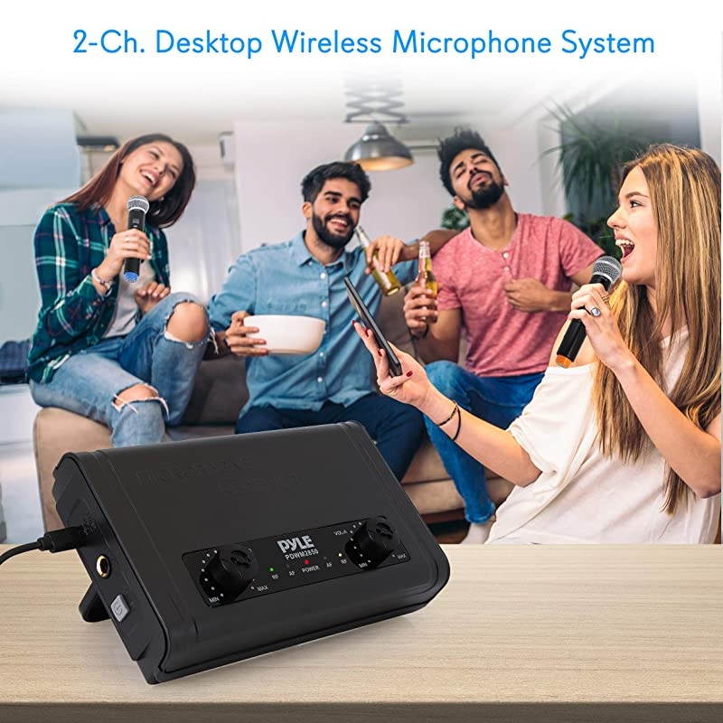 Compact UHF Wireless Microphone System Pro Portable Dual Channel Desktop Digital Mic Receiver Set w 2 Handheld Mic Receiver Base USB Cable Battery For Home PA Karaoke DJ  PDWM2850