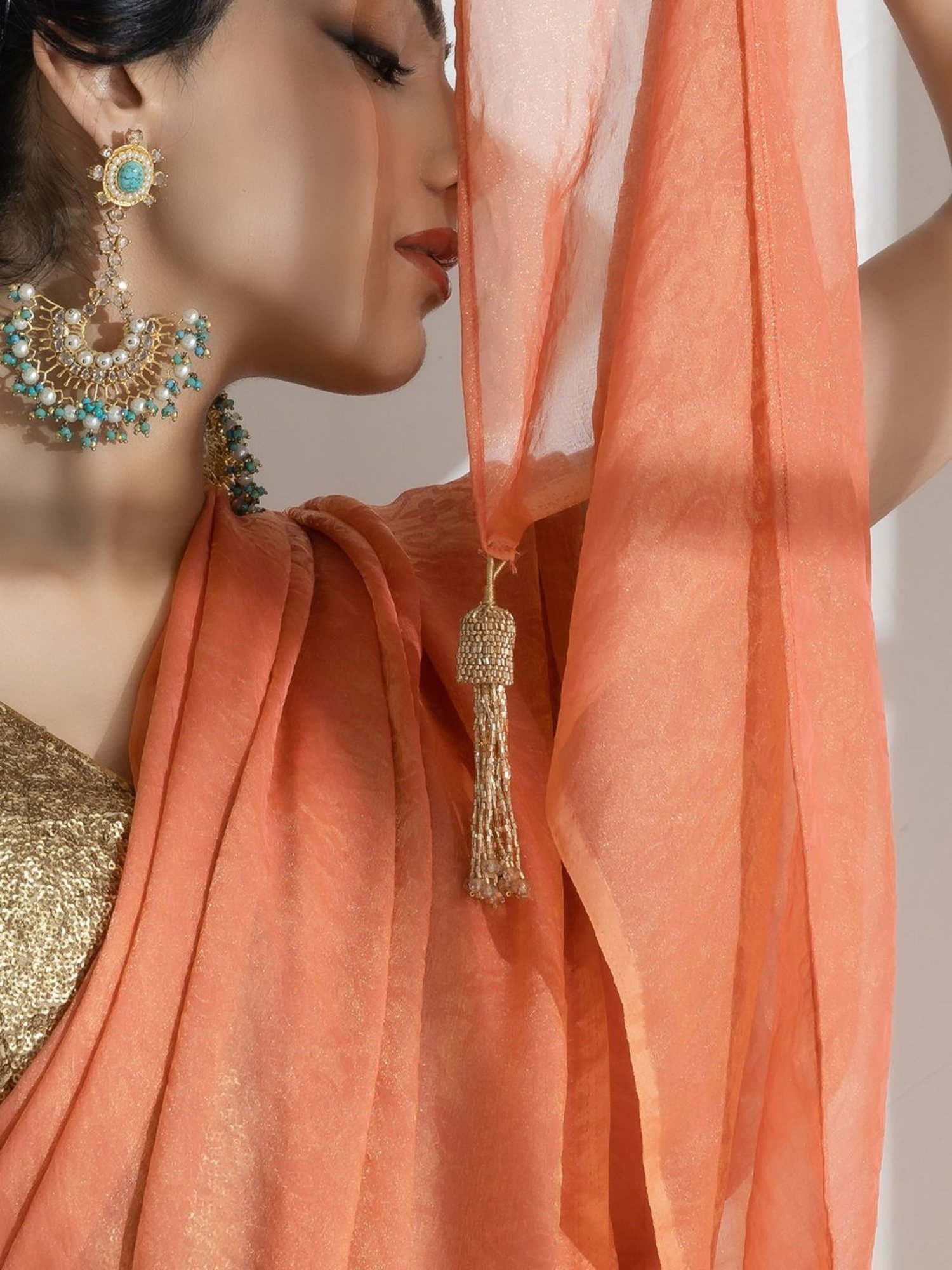 Swtantra Peach Woven Saree Without Blouse