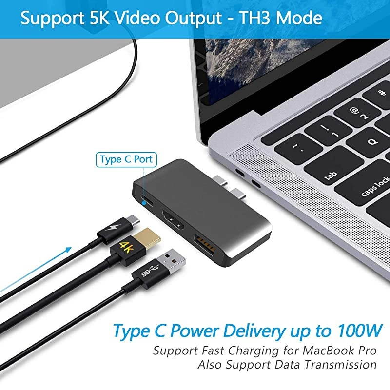 C Hub, Aluminum Dual Type C Hub Adapter, MacBook Pro Accessories with 4K HDMI, 5K -C Power Delivery, 3.0 Port for MacBook Pro 2016/2017/2018/2019, MacBook Air 2018 2019 2020