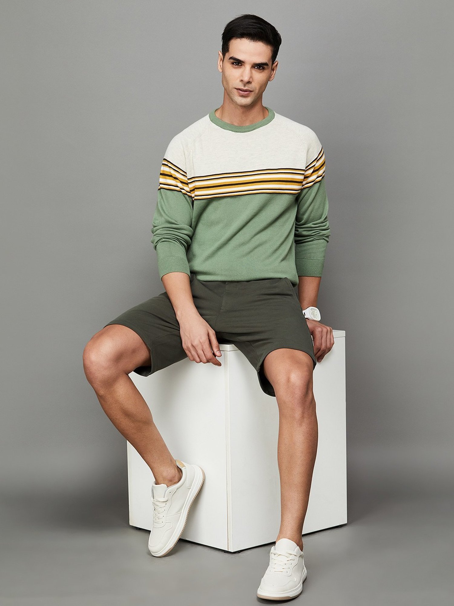Code by Lifestyle Green & White Cotton Regular Fit Colour Block Sweaters