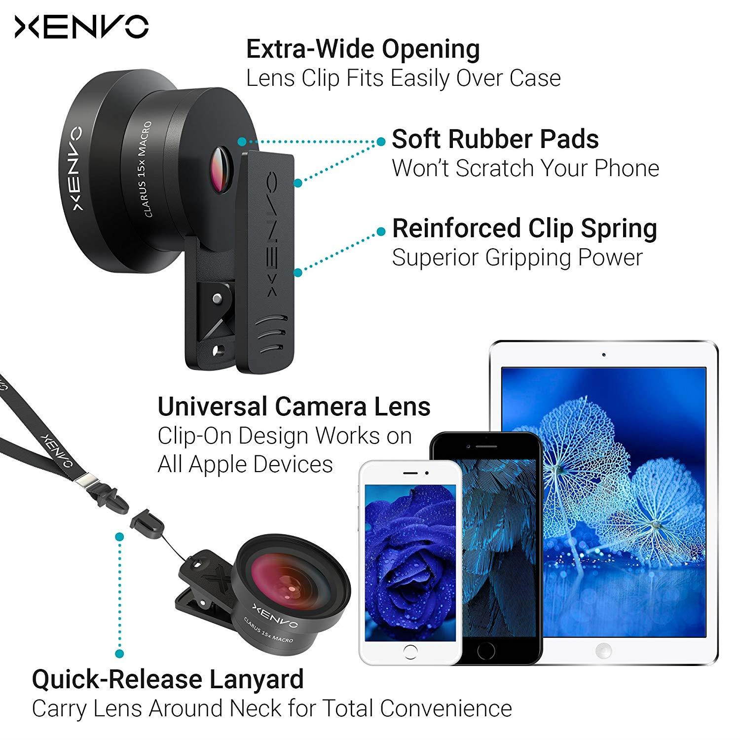Xenvo iPhone Camera Lens Kit Pro - Macro Lens & Wide Angle Lens with LED Light, Clip-On Cell Phone Camera Lenses for iPhone, Android, Samsung Mobile Phones and Tablets