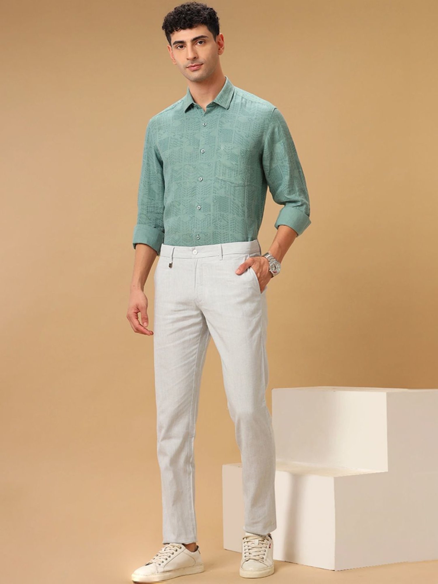 Linen Club Green Linen Contemporary Fit Printed Shirt