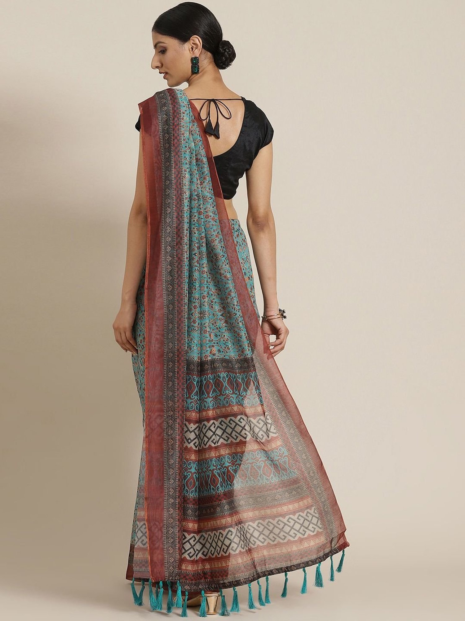 Silk Land Teal Blue Cotton Floral Print Saree With Unstitched Blouse