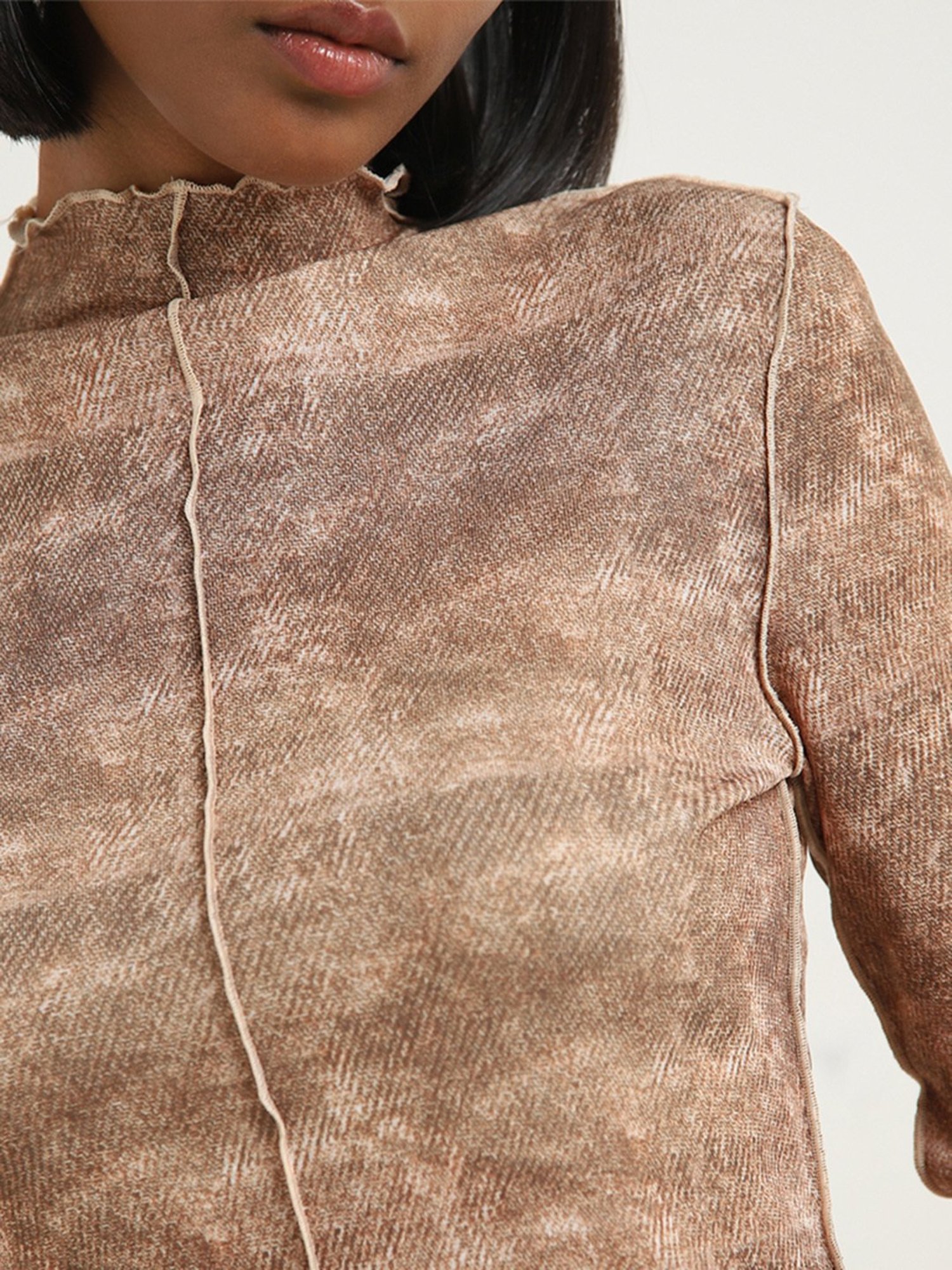 Nuon by Westside Brown Abstract Design Mesh Top