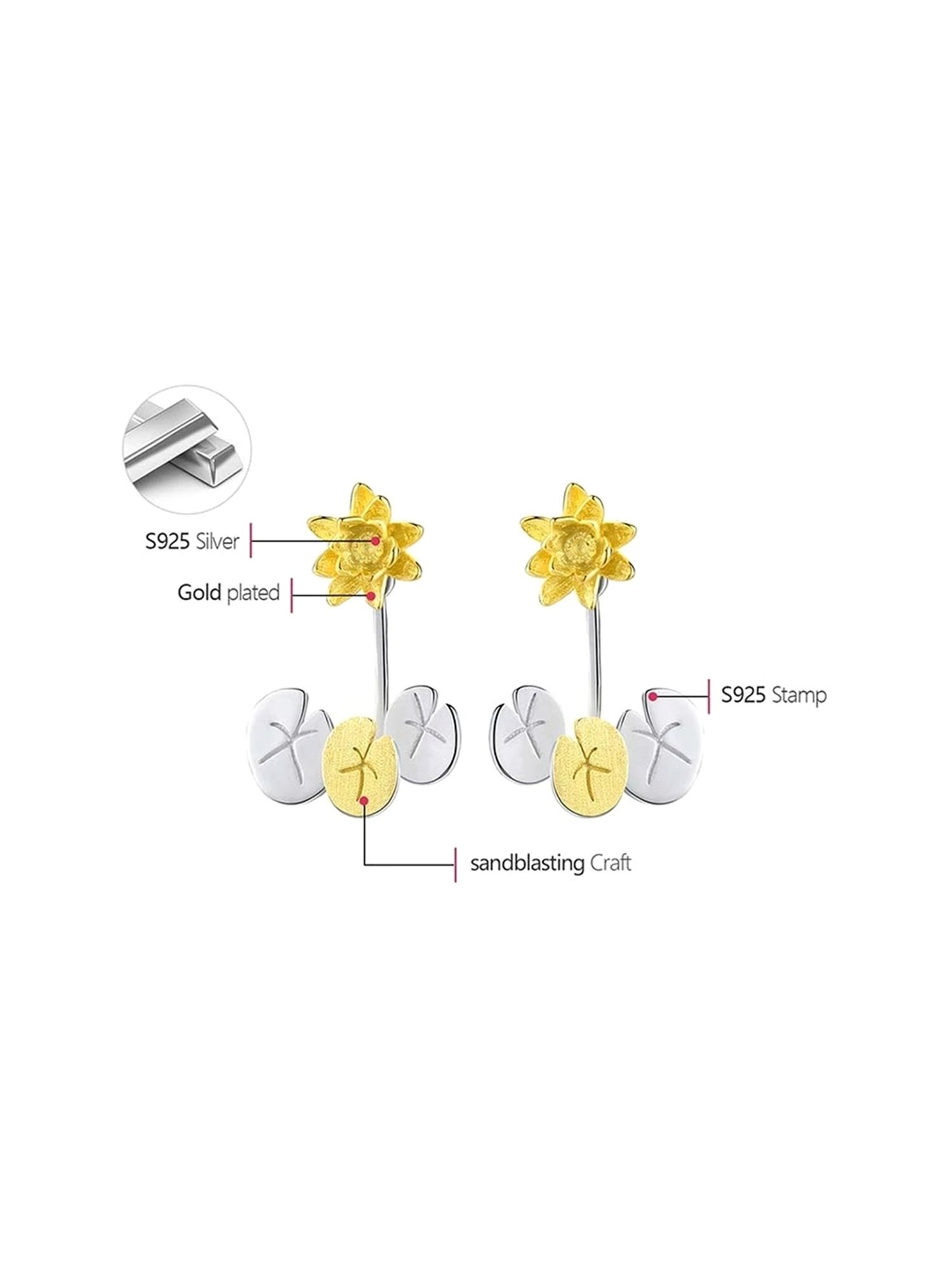 Rihi by P.C. Chandra Jewellers 92.5 Sterling Silver Lotus Back Ear Jacket Earrings for Women & Girls