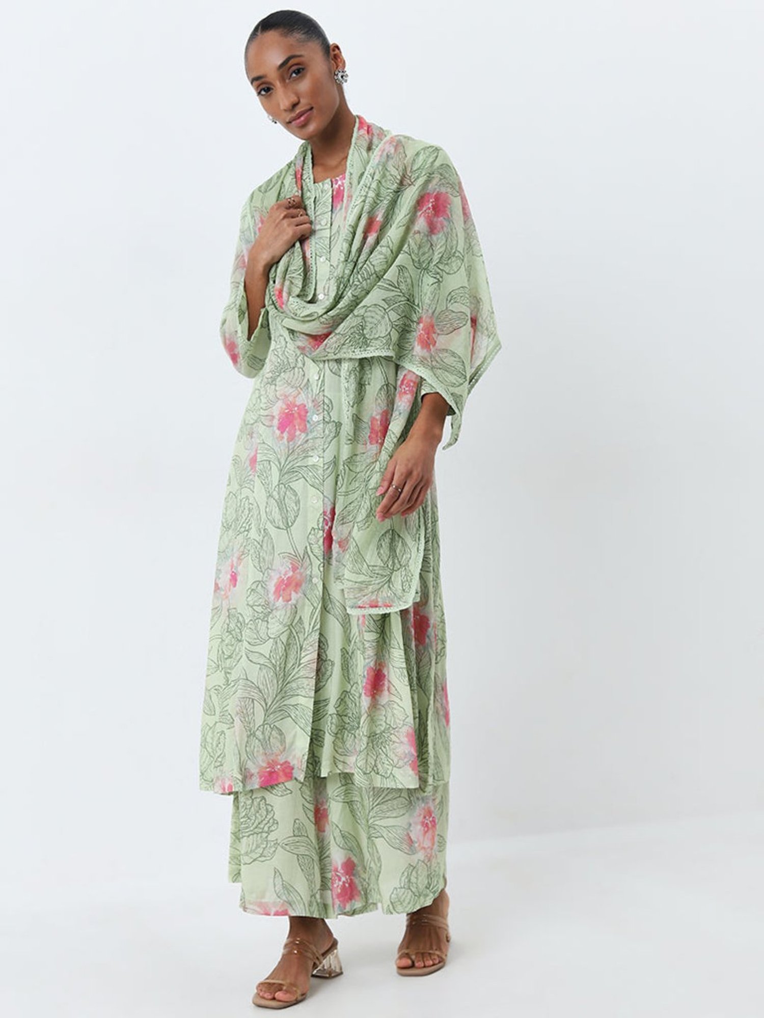 Zuba by Westside Light Green Leaf Printed Dupatta