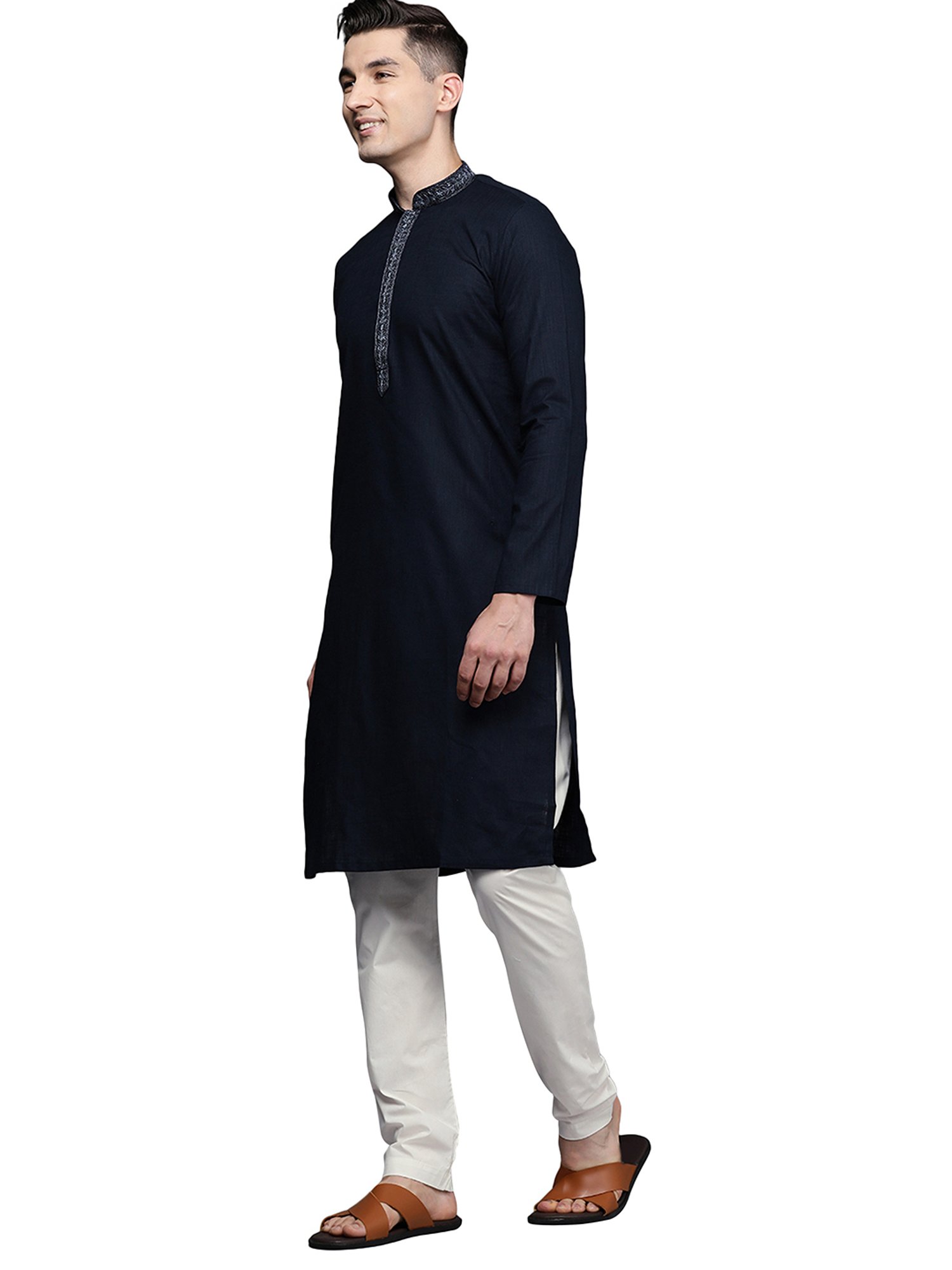 Manyavar Navy & White Self Design Kurta & Churidar Set