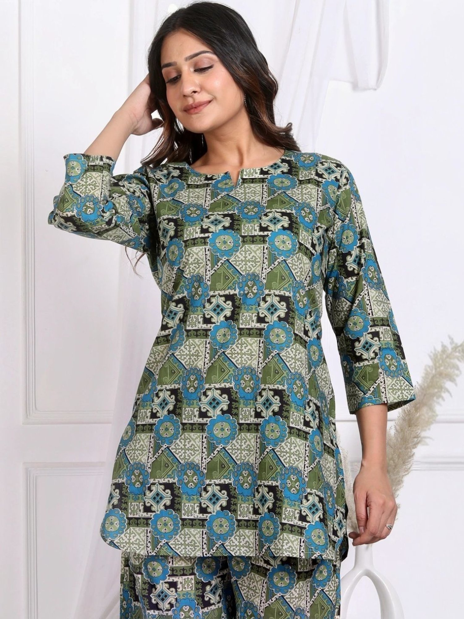 Kaftanize Green Geo Floral Printed Cotton Tunic with Pant