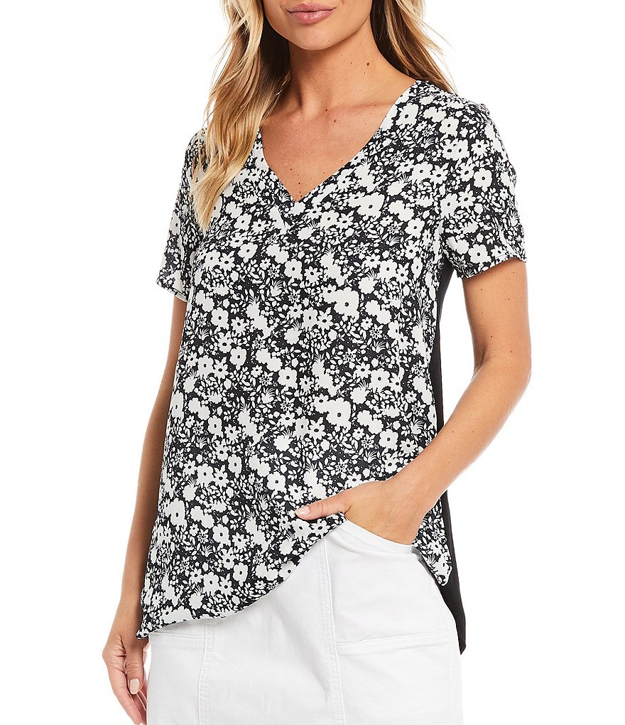 Bobeau Floral Front Print V-Neck Short Sleeve Mixed Media Solid Back Top