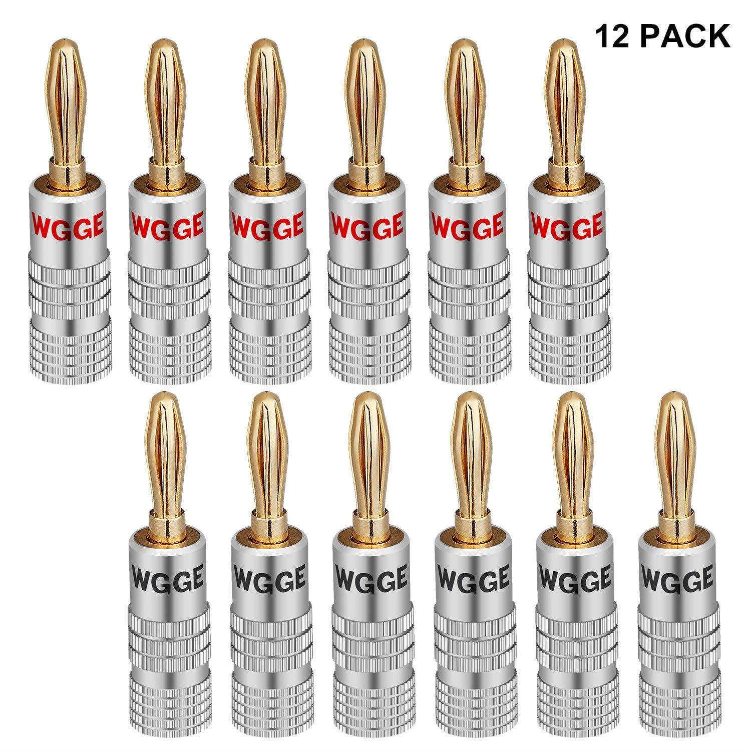 WGGE WG-009 Banana Plugs Audio Jack Connectors, 24k Gold Dual Screw Lock Jack Speaker Banana Connectors for Speaker Wire, Wall Plate (6 Pairs (12 Plugs))