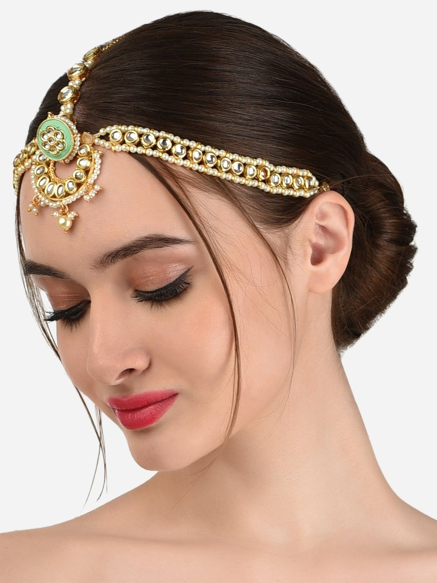 Zaveri Pearls Green Meenakari Kundan Bridal Borla MathaPatti Style Maangtikka-ZPFK13114