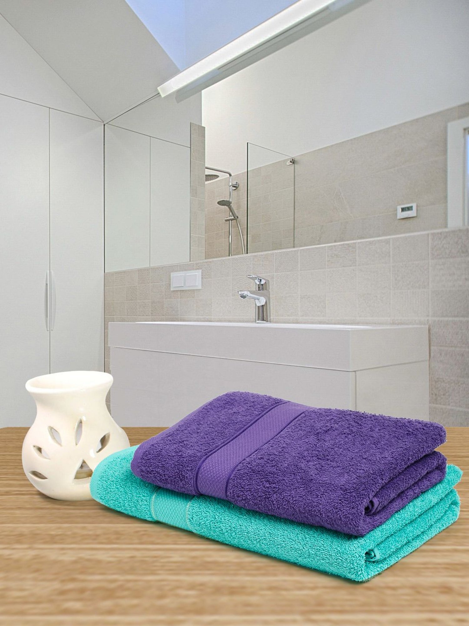 Creeva Sea Green & Violet 525 GSM Cotton Bath Towel Set of 2
