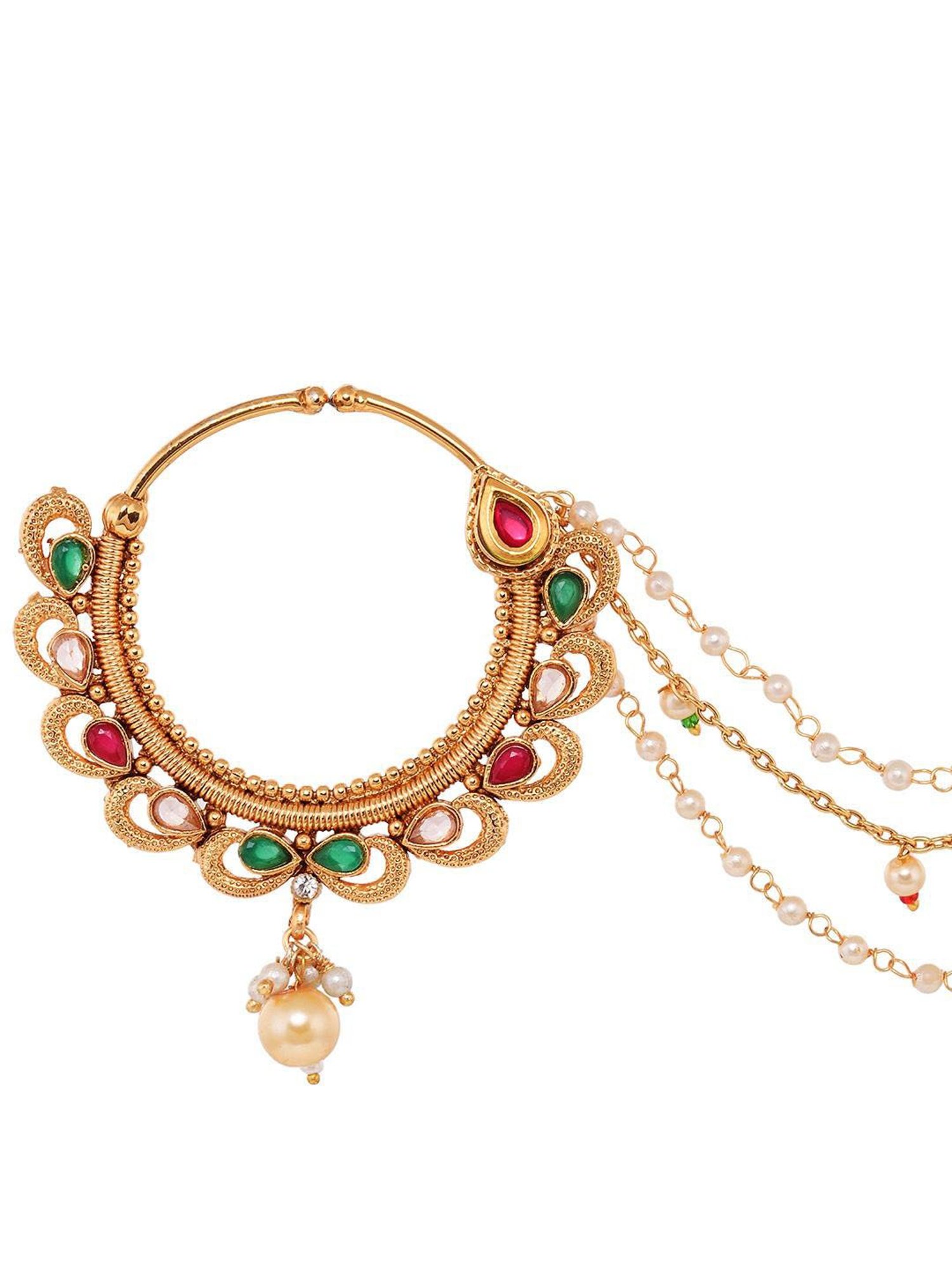 Saraf Rs Jewellery Gold Toned Pearl Beaded & Kundan Studded Jodha Nose Ring With Chain