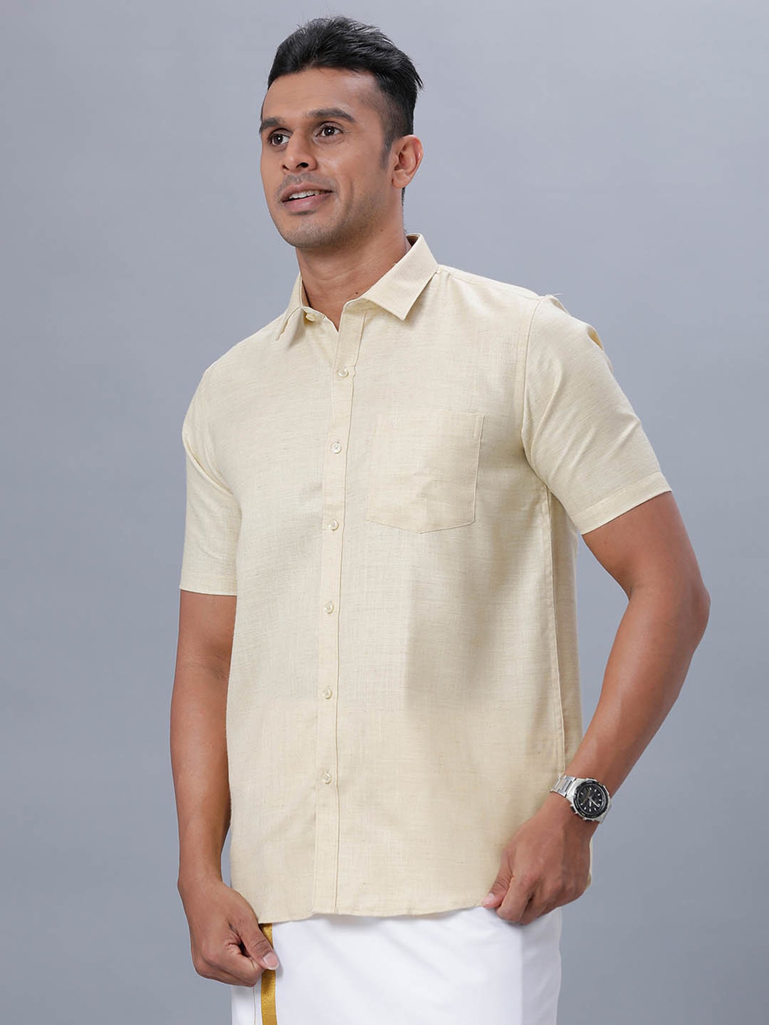Ramraj Cream Cotton Regular Fit Shirt