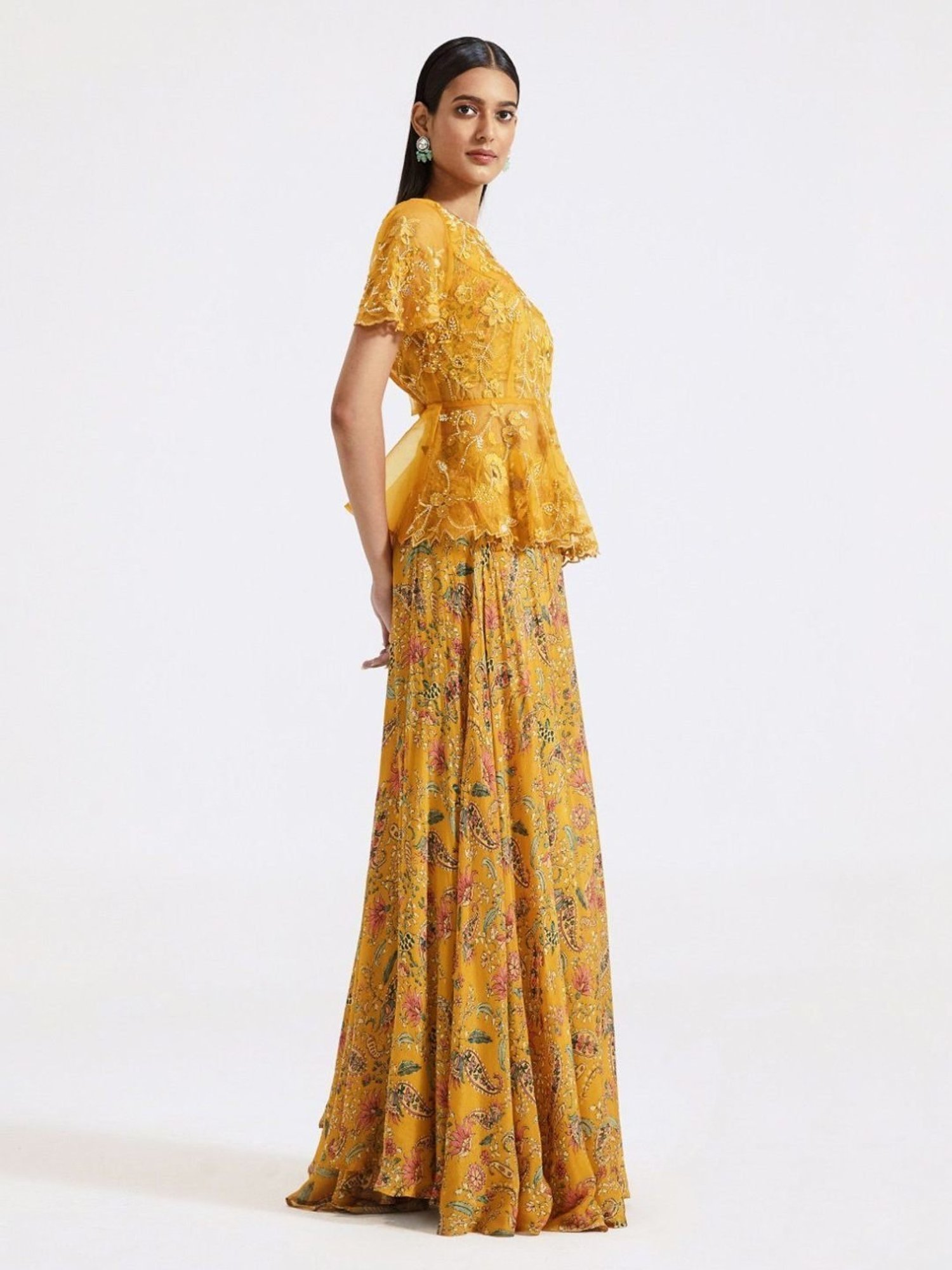 Basanti Kapde aur Koffee Mustard Evolve Embroidered Top with Skirt