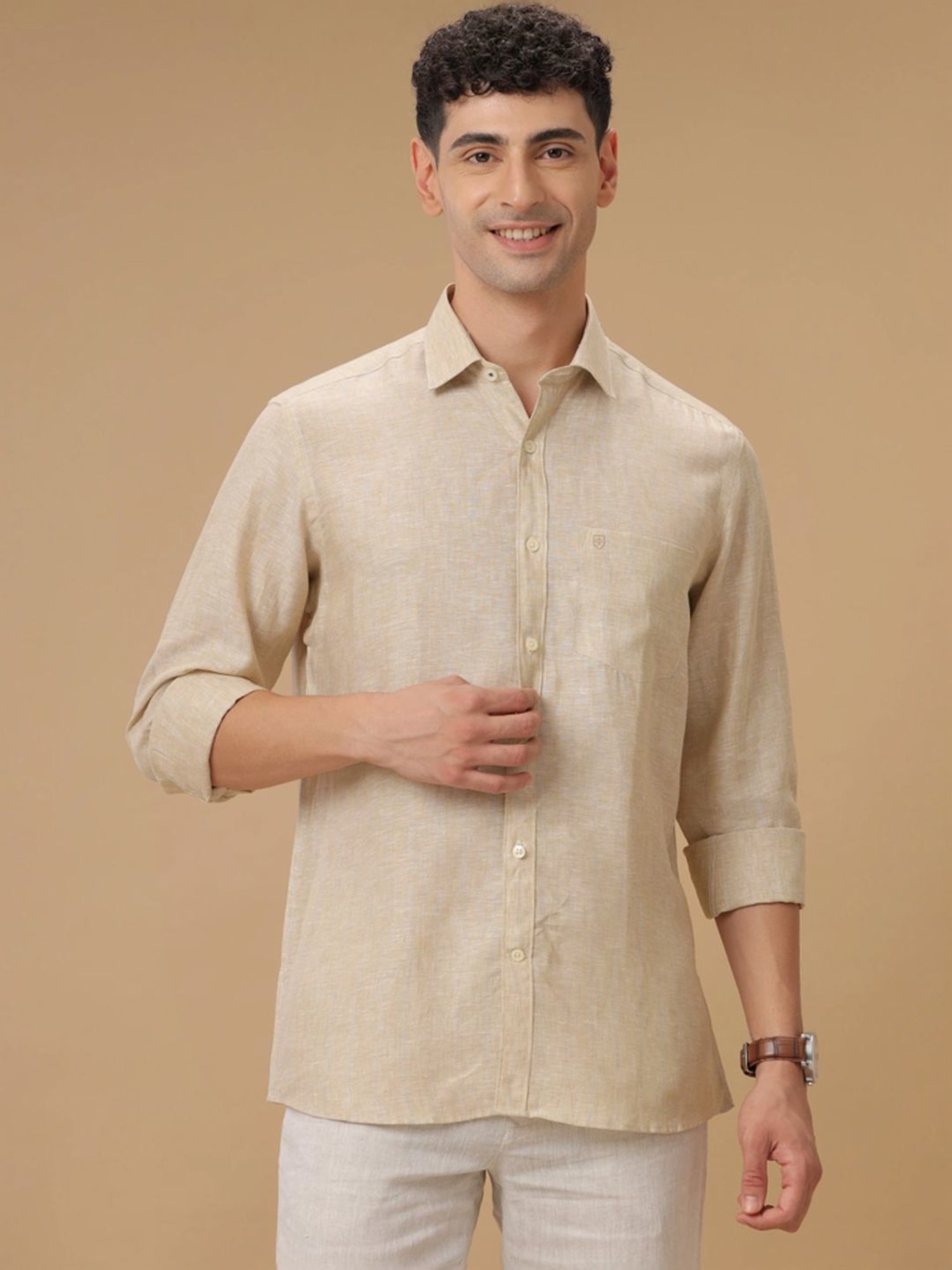 Linen Club Beige Linen Contemporary Fit Striped Shirt