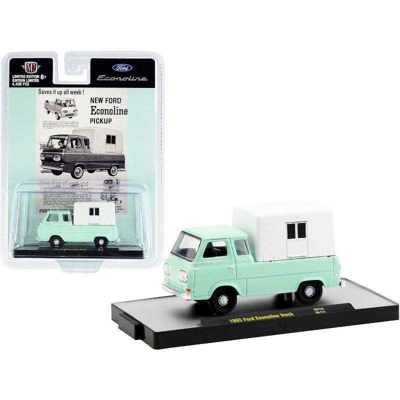 1965 Ford Econoline Pickup Truck with Camper Shell Mint Green and White Ltd Ed to 4400 pcs 1/64 Diecast Model Car by M2 Machines