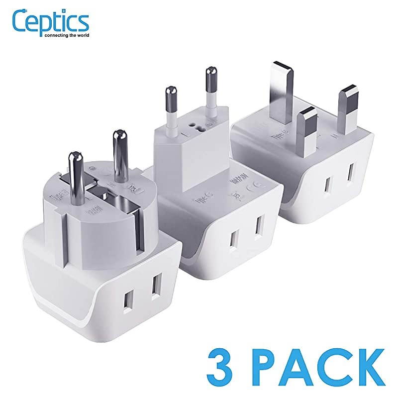 Complete European Travel Adapter Set by  - 2 In 1 Usa to Europe, Germany, England, Spain, Italy, Iceland, France, (Type G, E/F, Type C) - 3 Pack, Safe Grounded Perfect for Cell Phones, Laptops